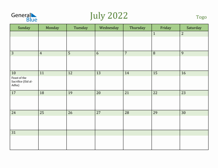 July 2022 Calendar with Togo Holidays