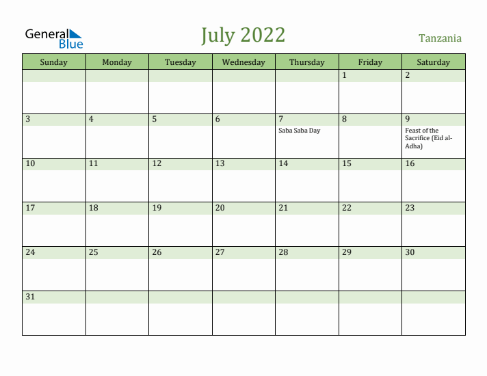 July 2022 Calendar with Tanzania Holidays
