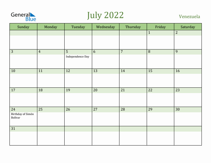 July 2022 Calendar with Venezuela Holidays