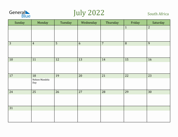 July 2022 Calendar with South Africa Holidays