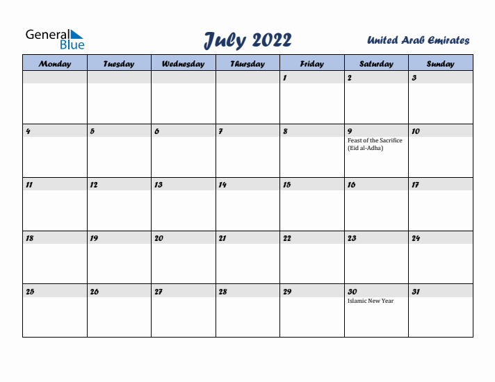 July 2022 Calendar with Holidays in United Arab Emirates