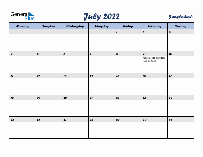 July 2022 Calendar with Holidays in Bangladesh