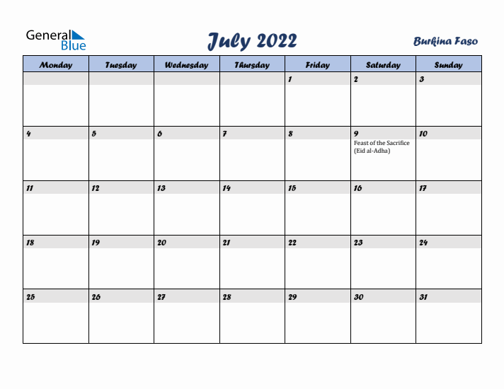 July 2022 Calendar with Holidays in Burkina Faso