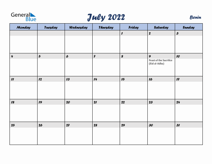July 2022 Calendar with Holidays in Benin