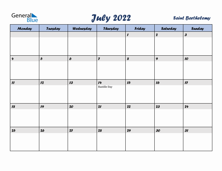 July 2022 Calendar with Holidays in Saint Barthelemy