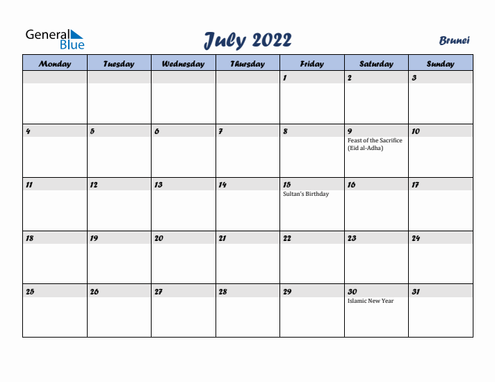 July 2022 Calendar with Holidays in Brunei