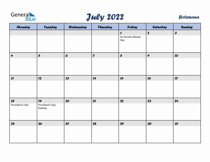 July 2022 Calendar with Holidays in Botswana