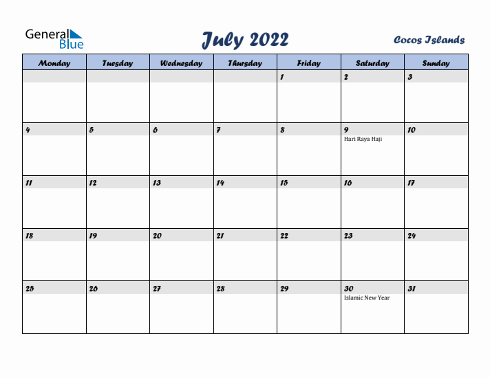 July 2022 Calendar with Holidays in Cocos Islands