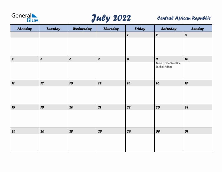 July 2022 Calendar with Holidays in Central African Republic
