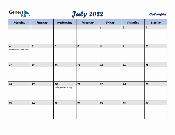 July 2022 Calendar with Holidays in Colombia