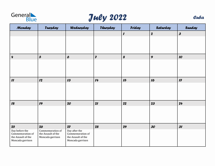 July 2022 Calendar with Holidays in Cuba