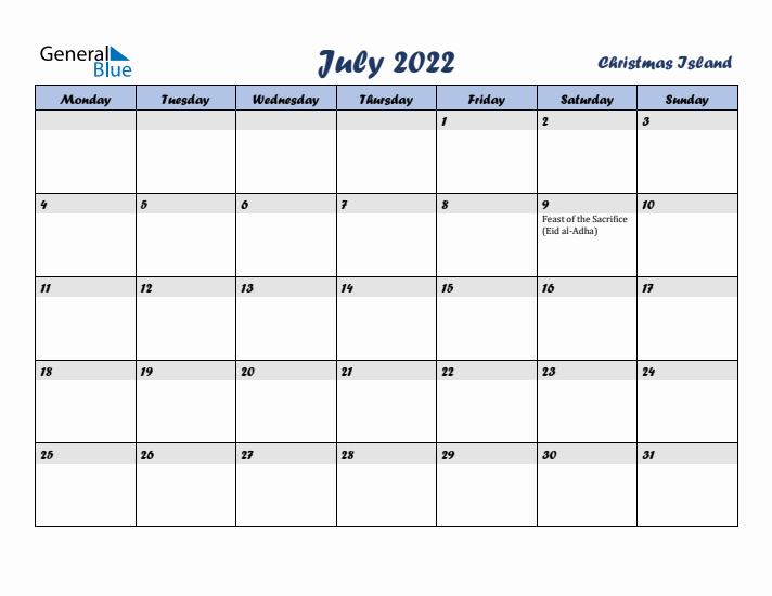July 2022 Calendar with Holidays in Christmas Island