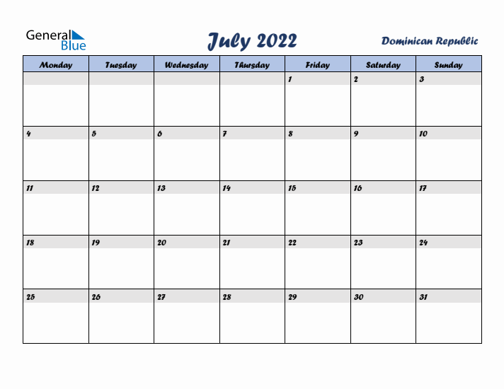 July 2022 Calendar with Holidays in Dominican Republic