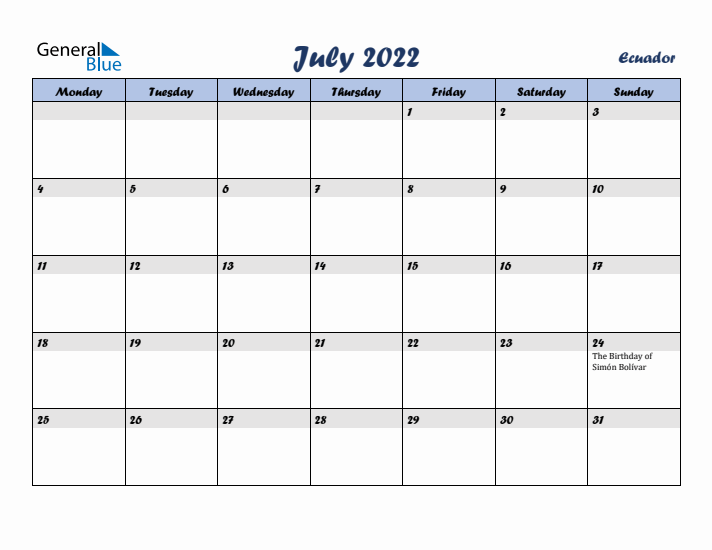 July 2022 Calendar with Holidays in Ecuador