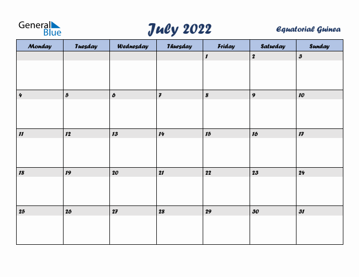 July 2022 Calendar with Holidays in Equatorial Guinea