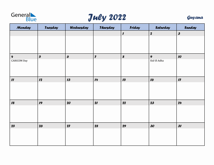 July 2022 Calendar with Holidays in Guyana