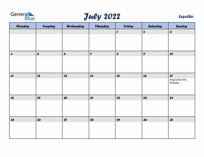 July 2022 Calendar with Holidays in Lesotho