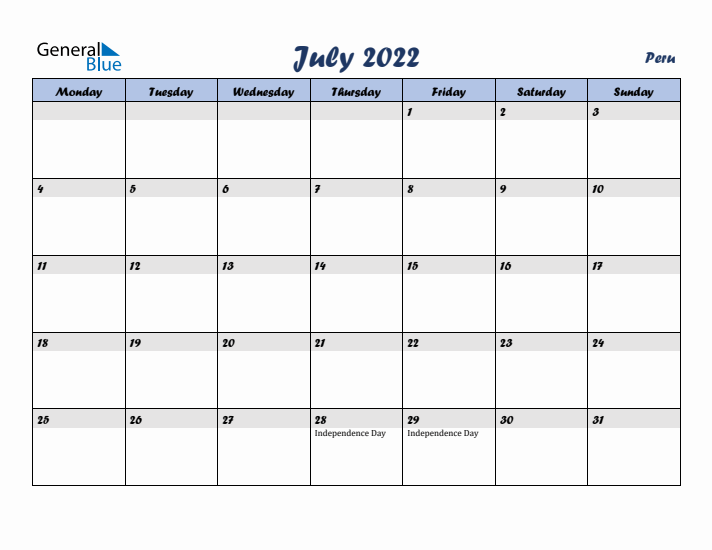 July 2022 Calendar with Holidays in Peru