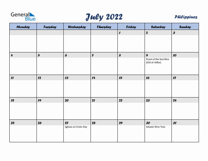 July 2022 Calendar with Holidays in Philippines