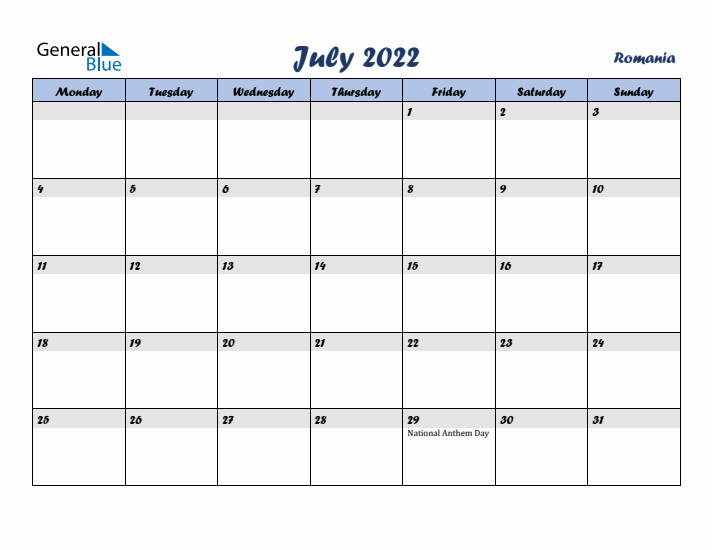 July 2022 Calendar with Holidays in Romania
