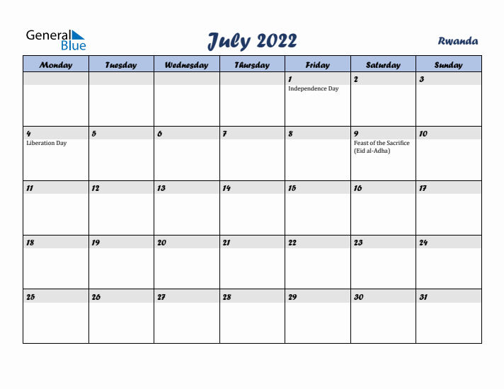 July 2022 Calendar with Holidays in Rwanda