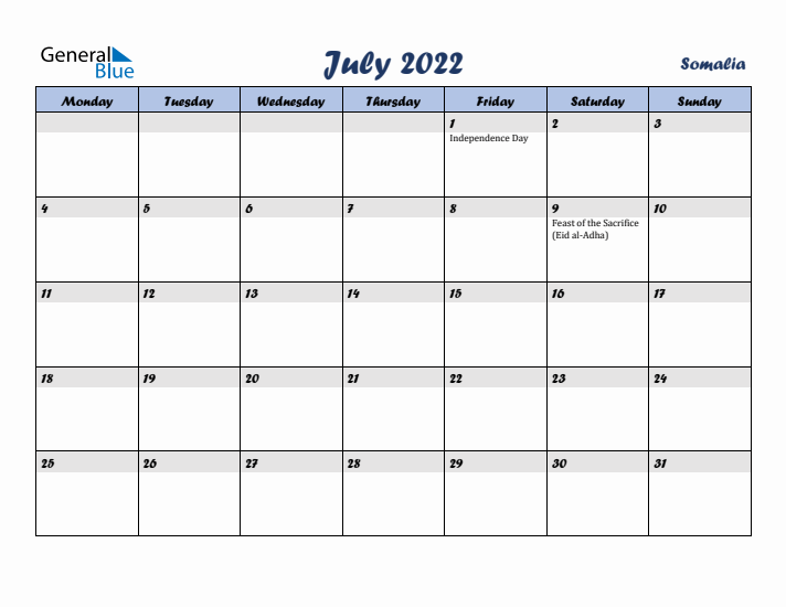 July 2022 Calendar with Holidays in Somalia