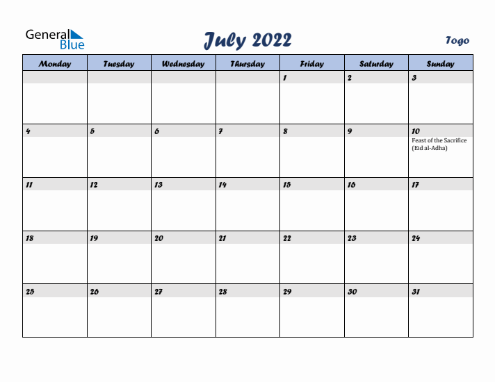 July 2022 Calendar with Holidays in Togo