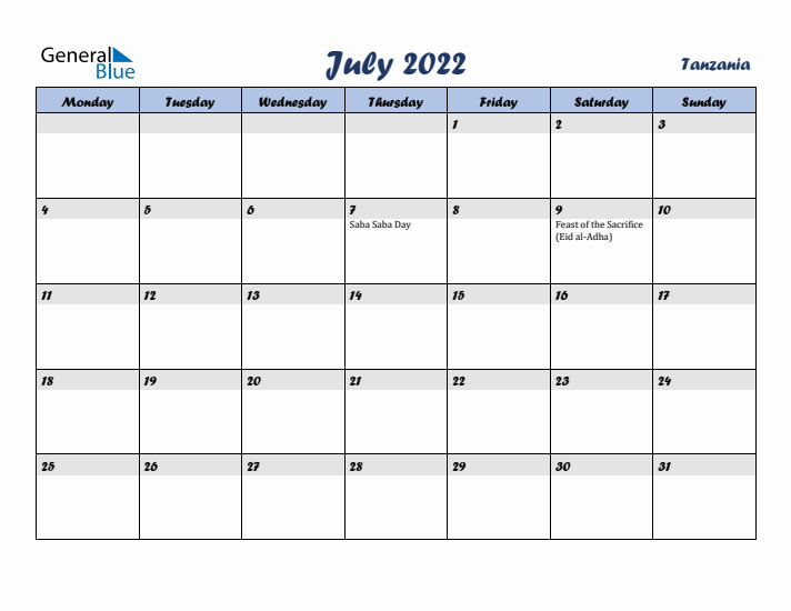 July 2022 Calendar with Holidays in Tanzania