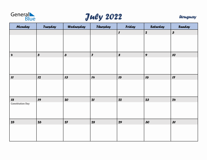 July 2022 Calendar with Holidays in Uruguay