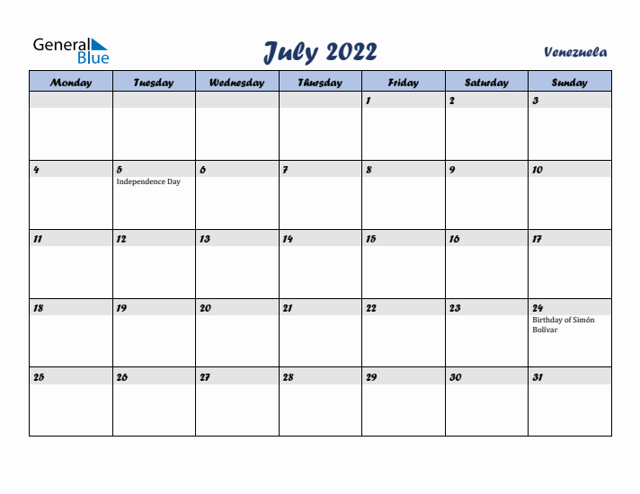 July 2022 Calendar with Holidays in Venezuela