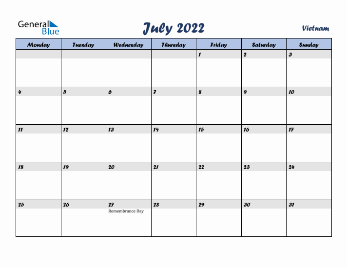 July 2022 Calendar with Holidays in Vietnam
