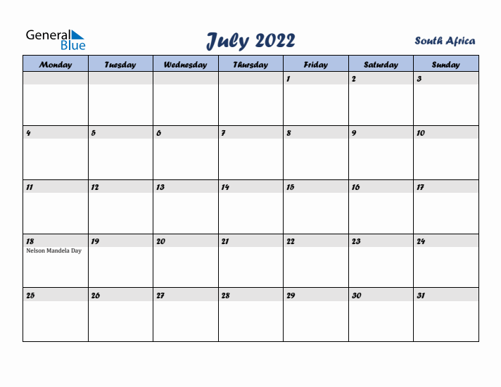 July 2022 Calendar with Holidays in South Africa
