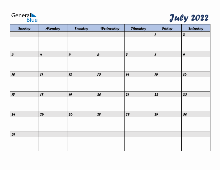 July 2022 Blue Calendar (Sunday Start)