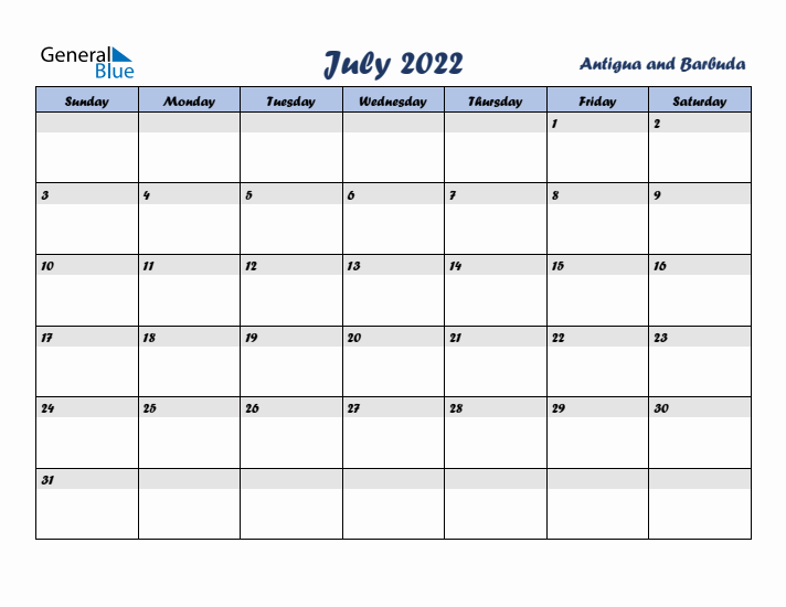 July 2022 Calendar with Holidays in Antigua and Barbuda
