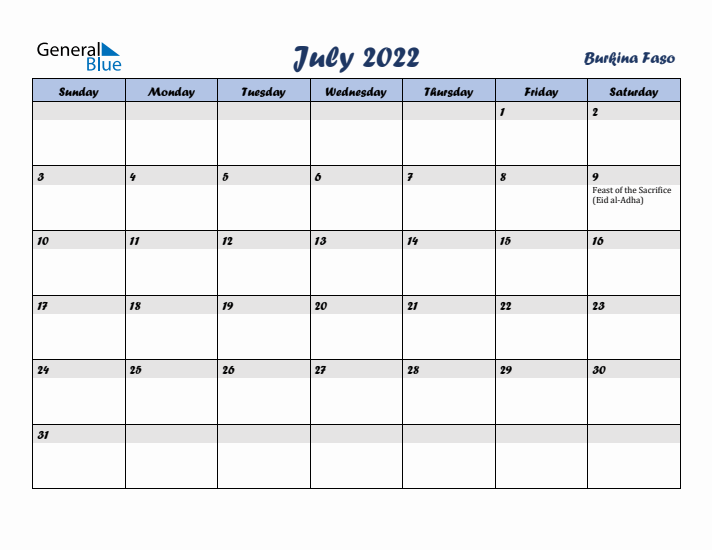 July 2022 Calendar with Holidays in Burkina Faso