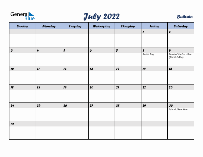 July 2022 Calendar with Holidays in Bahrain
