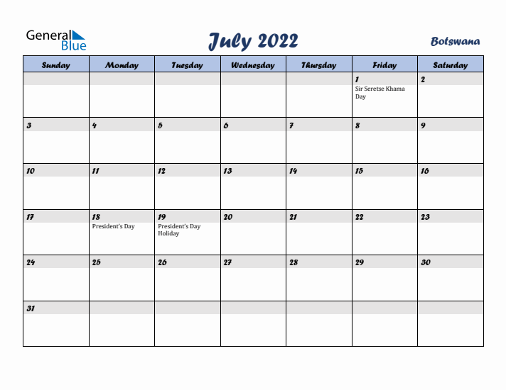 July 2022 Calendar with Holidays in Botswana