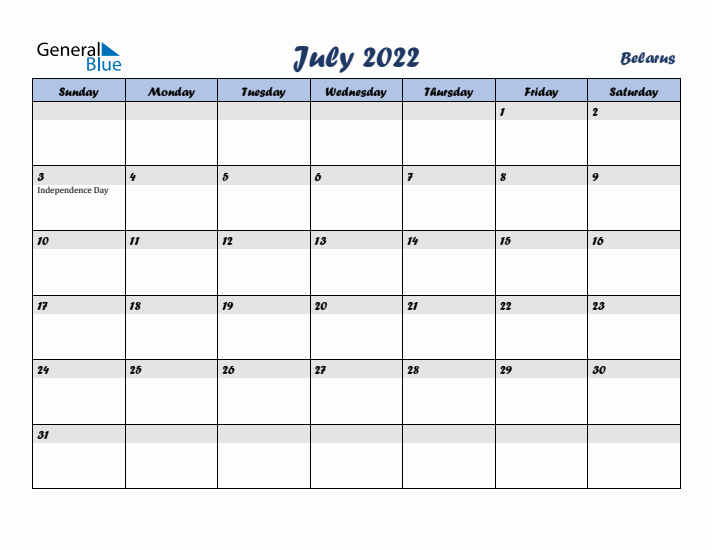 July 2022 Calendar with Holidays in Belarus
