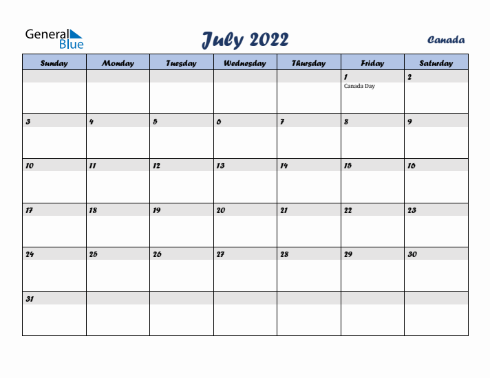July 2022 Calendar with Holidays in Canada