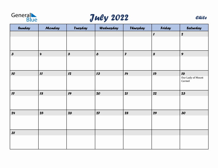 July 2022 Calendar with Holidays in Chile
