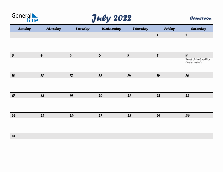 July 2022 Calendar with Holidays in Cameroon