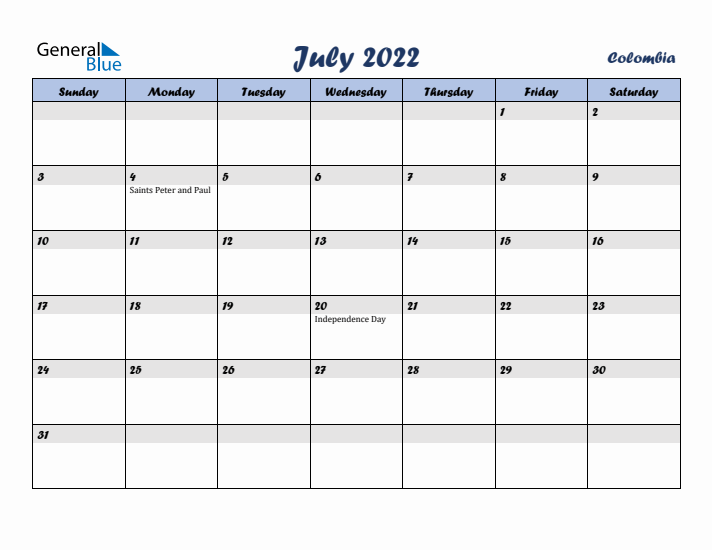 July 2022 Calendar with Holidays in Colombia