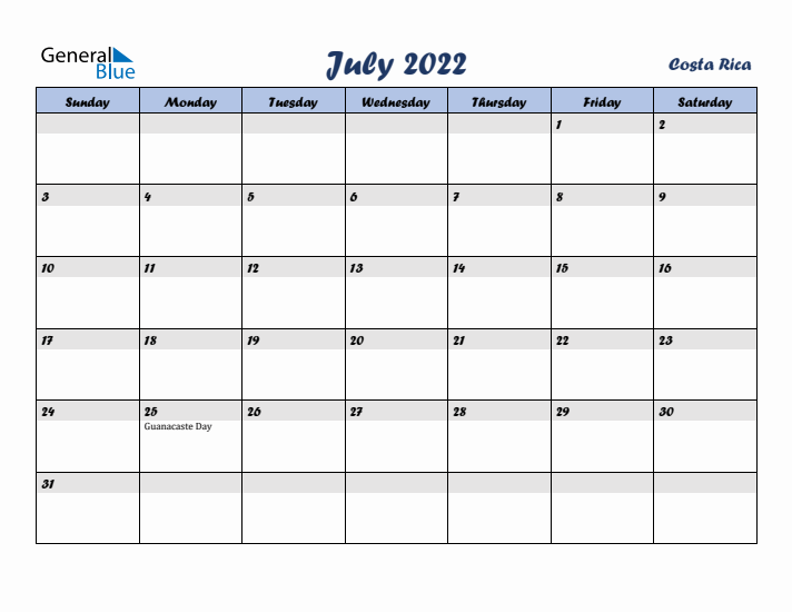 July 2022 Calendar with Holidays in Costa Rica