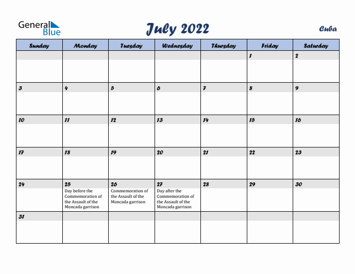 July 2022 Calendar with Holidays in Cuba