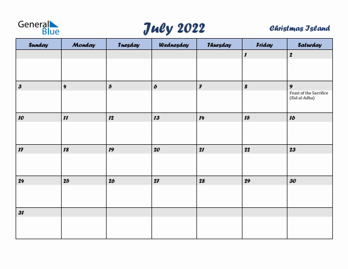 July 2022 Calendar with Holidays in Christmas Island