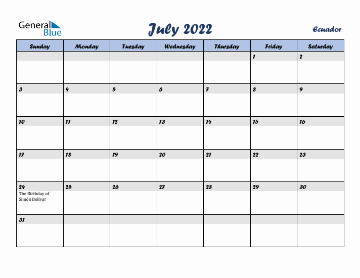 July 2022 Calendar with Holidays in Ecuador