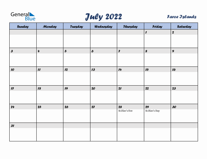 July 2022 Calendar with Holidays in Faroe Islands