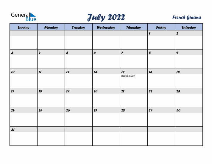 July 2022 Calendar with Holidays in French Guiana