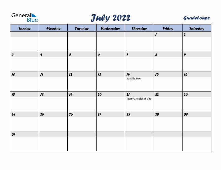 July 2022 Calendar with Holidays in Guadeloupe