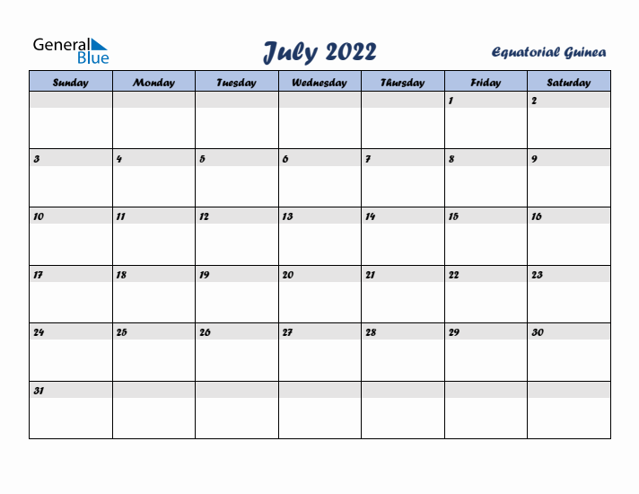 July 2022 Calendar with Holidays in Equatorial Guinea